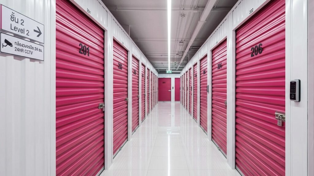 ทางเดินที่มีประตูห้องเก็บของสีชมพูภายใน Hippo Storage